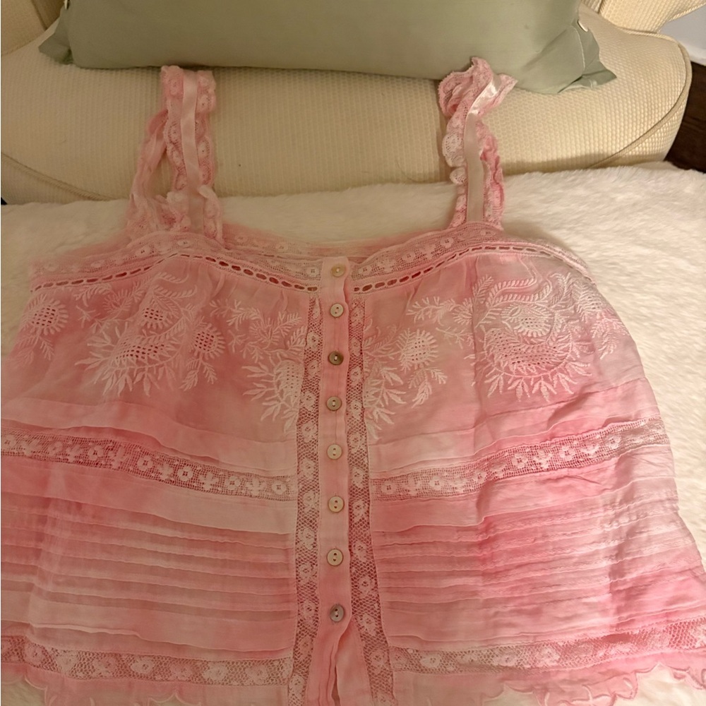 LoveShackFancy Sully Top Pink Embroidered Lace-Trim Camisole